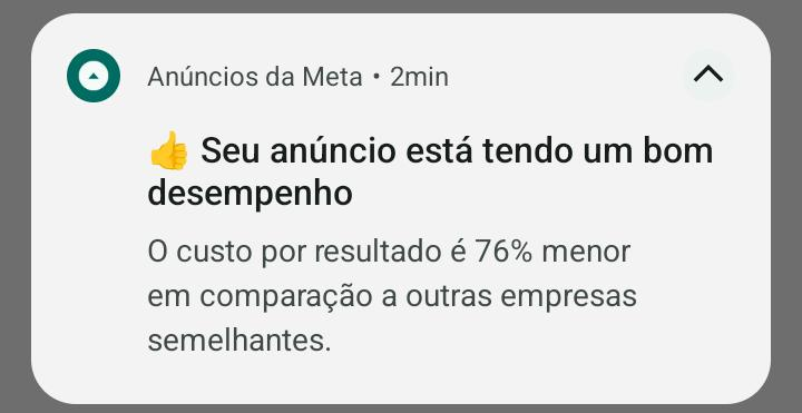 Notificação da Meta informando que o custo por resultado é 76% menor que outras empresas semelhantes
